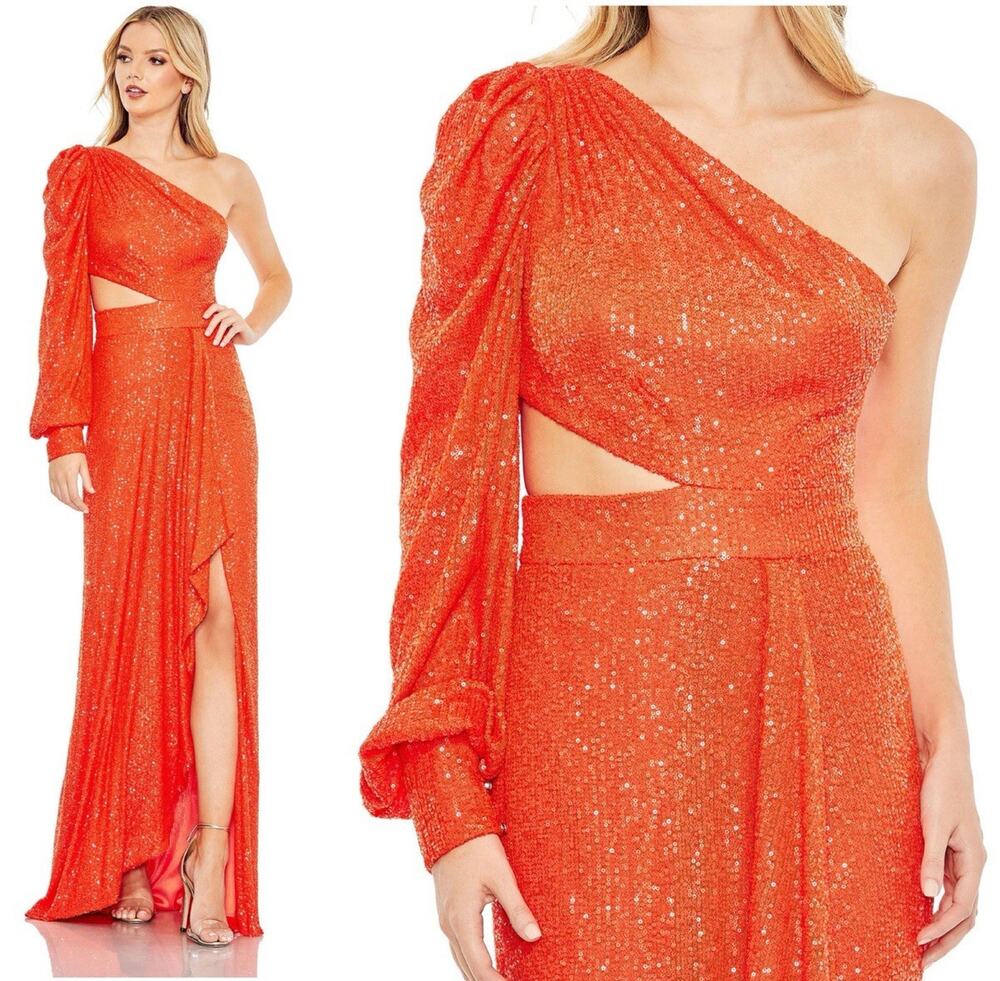 Mac Duggal Ieena 26730 Orange Evening Gown Sequin One-Shoulder Dress Size 4 NWT